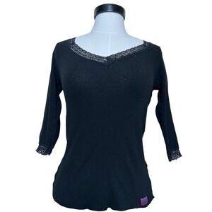 VTG Y2K LEI Womens Black Lace Trim V-Neck 3/4 Sleeve Top Grunge Coquette 90s